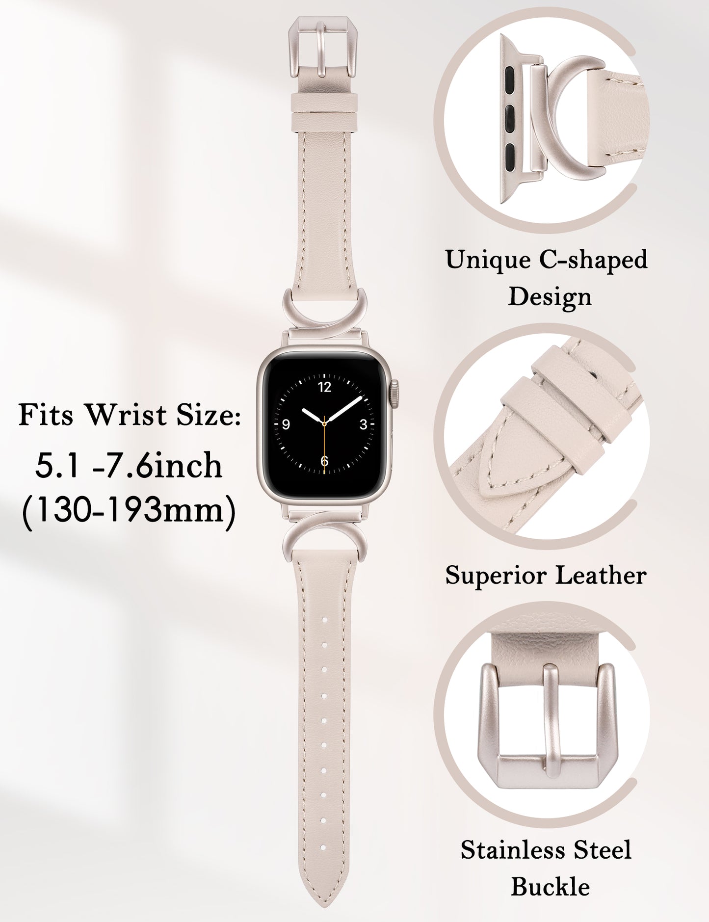 Minyee Leather Band Compatible with Apple Watch Bands 41mm 40mm 38mm 44mm 45mm 42mm 49mm Women, Slim Thin Dressy Designer Strap with C-Shape Metal Buckle for iWatch Ultra 2, Series 9/8/7/6/5/4/3/2/1/SE