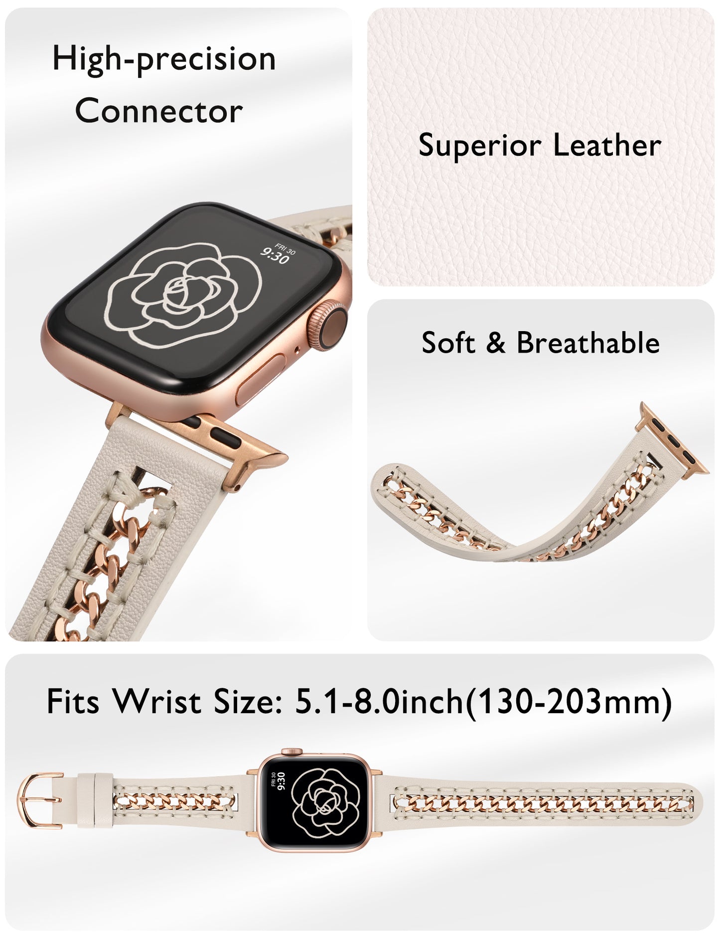 Minyee Leather Band Compatible with Apple Watch Bands 38/40/41/42/44/45/46/49mm Women,Dressy Premium Leather Strap with Stainless Steel Metal Chain for iWatch Ultra 2 Series 10/9/8/7/6/5/4/3/2/1/SE