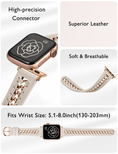 Minyee Leather Band Compatible with Apple Watch Bands 38/40/41/42/44/45/46/49mm Women,Dressy Premium Leather Strap with Stainless Steel Metal Chain for iWatch Ultra 2 Series 10/9/8/7/6/5/4/3/2/1/SE