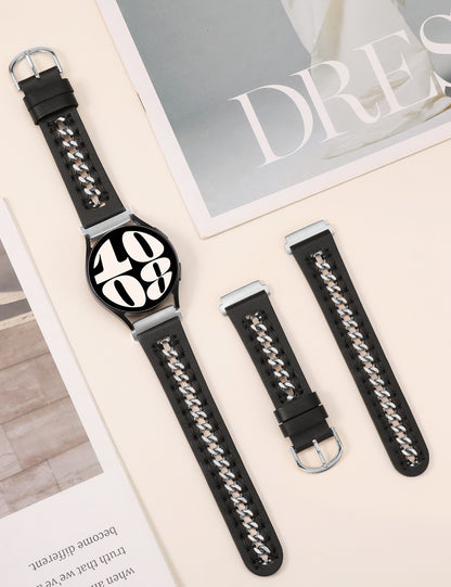 Minyee Leather Band Compatible with Samsung Galaxy Watch 7/6/5/4/FE/Active 2 40mm 44mm/Watch 6 Classic 43/47mm/Watch 5 Pro 45mm Bands, 20mm Dressy Leather Strap with Stainless Steel Metal Chain Women