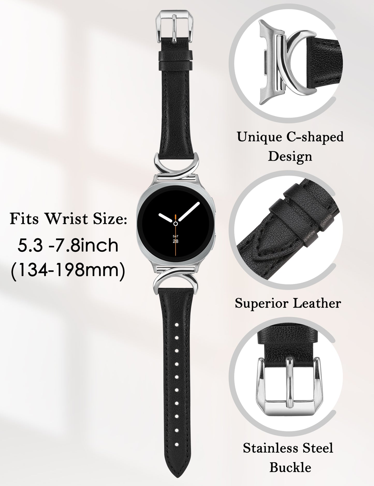 Minyee Leather Band Compatible with Samsung Galaxy Watch 8 40mm 44mm/ 8 Classic 46mm Bands, No Gap One-Click Slim Thin Dressy Leather Strap with C-Shape Metal Buckle Women, NOT for Other Models