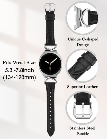 Minyee Leather Band Compatible with Samsung Galaxy Watch 8 40mm 44mm/ 8 Classic 46mm Bands, No Gap One-Click Slim Thin Dressy Leather Strap with C-Shape Metal Buckle Women, NOT for Other Models
