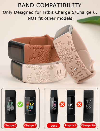 Minyee 3 Packs Floral Engraved Band Compatible with Fitbit Charge 6 Bands/Fitbit Charge 5 Bands Women, Cute Soft Silicone Dandelion Flower Pattern Sport Designer Fancy Summer Strap for Charge 6/5