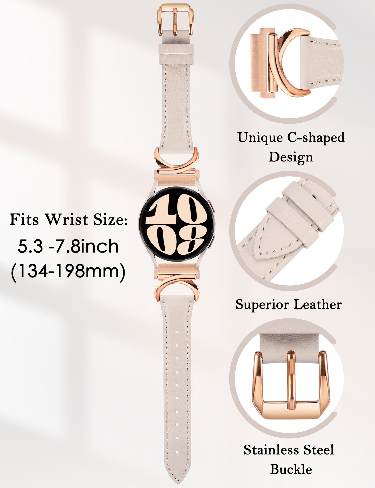 Minyee Leather Band Compatible with Samsung Galaxy Watch 7/6/5/4/FE/Active 2 40mm 44mm/Watch 6 Classic 43mm 47mm/Watch 5 Pro 45mm Bands, 20mm Slim Dressy Leather Strap with C-Shape Metal Buckle Women