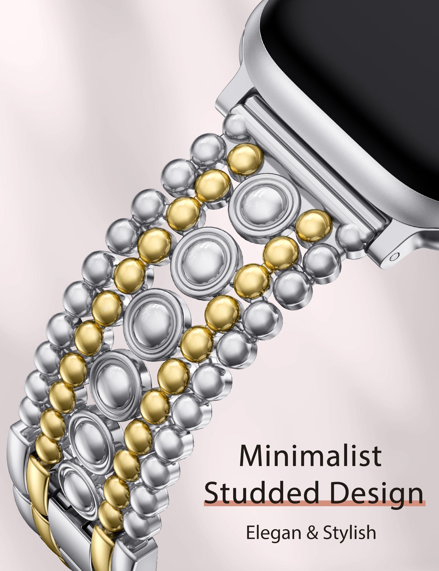 Minyee Compatible with Apple Watch Band 42/41/40/38/44/45/46/49mm Women, Dressy Pretty Stainless Steel Metal Strap Design Adjustable Studded Link Bracelet for iWatch Series 10 9 Ultra SE 8 7 6 5 4 3