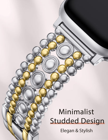 Minyee Compatible with Apple Watch Band 42/41/40/38/44/45/46/49mm Women, Dressy Pretty Stainless Steel Metal Strap Design Adjustable Studded Link Bracelet for iWatch Series 10 9 Ultra SE 8 7 6 5 4 3