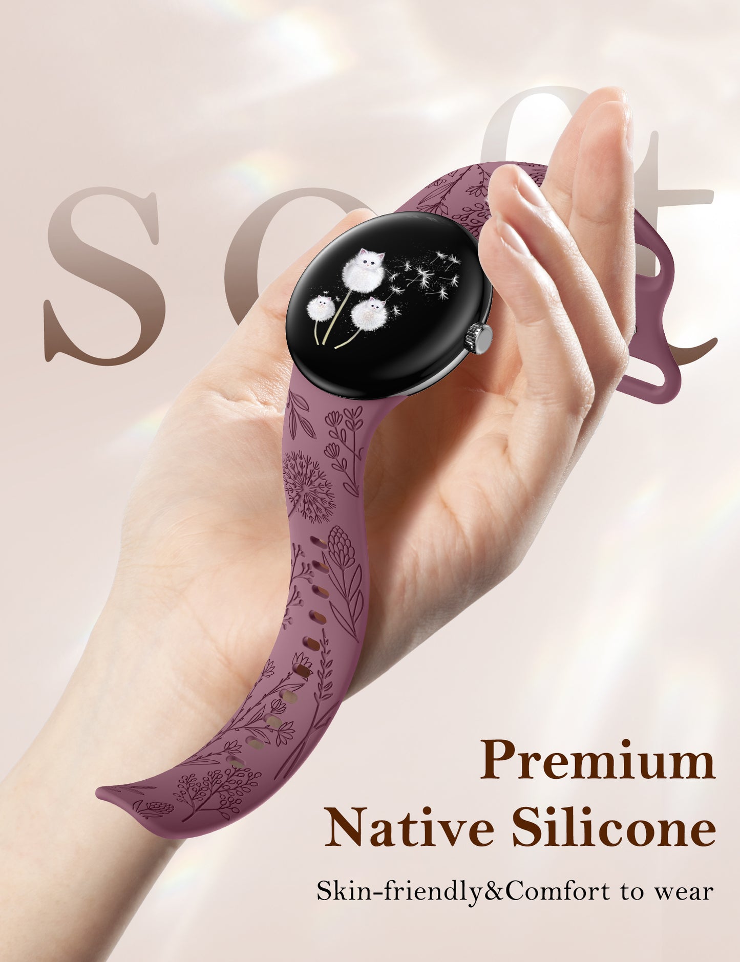 Minyee 2 Packs Floral Engraved Bands Compatible with Google Pixel Watch 3/4, Cute Soft Silicone Flower Sport Fancy Straps for Women