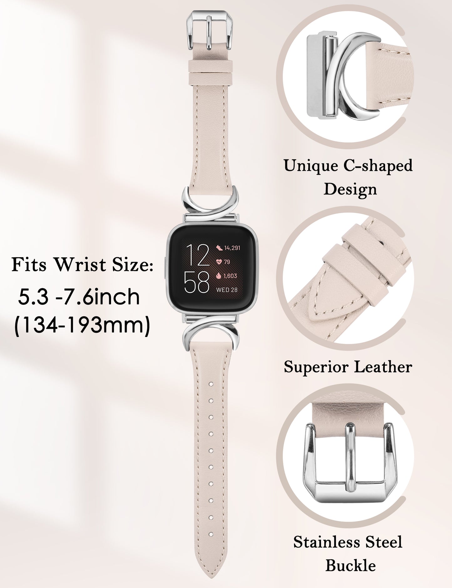 Minyee Leather Band Compatible with Fitbit Versa 2/Fitbit Versa/Versa Lite Bands Women, Slim Thin Dressy Designer Premium Leather Strap with C-Shape Metal Buckle for Versa 2 Smartwatch Accessories