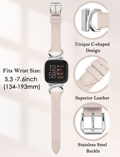 Minyee Leather Band Compatible with Fitbit Versa 2/Fitbit Versa/Versa Lite Bands Women, Slim Thin Dressy Designer Premium Leather Strap with C-Shape Metal Buckle for Versa 2 Smartwatch Accessories