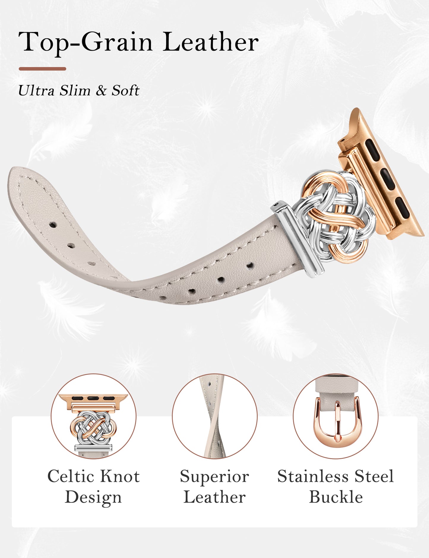 Minyee Celtic Knot Leather Band Compatible with Apple Watch Band 42/46/41/40/38/44/45/49mm Women, Dressy Slim Thin Premium Leather Adjustable Strap for iWatch Series 10 9 Ultra SE 8 7 6 5 4 3 2 1