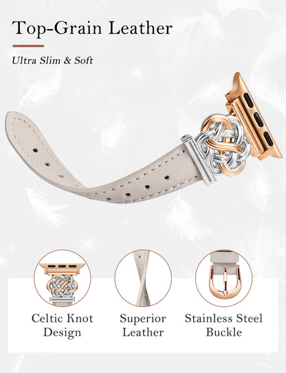 Minyee Celtic Knot Leather Band Compatible with Apple Watch Band 42/46/41/40/38/44/45/49mm Women, Dressy Slim Thin Premium Leather Adjustable Strap for iWatch Series 10 9 Ultra SE 8 7 6 5 4 3 2 1