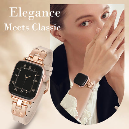 Minyee Slim Leather Band Compatible with Apple Watch Bands 38/40/41/42/44/45/46/49mm Women, Dressy Thin Soft Leather Strap with Designer Tapered Metal Buckle for iWatch Series 10/9/SE/8/7/6/5/4/3/2/1