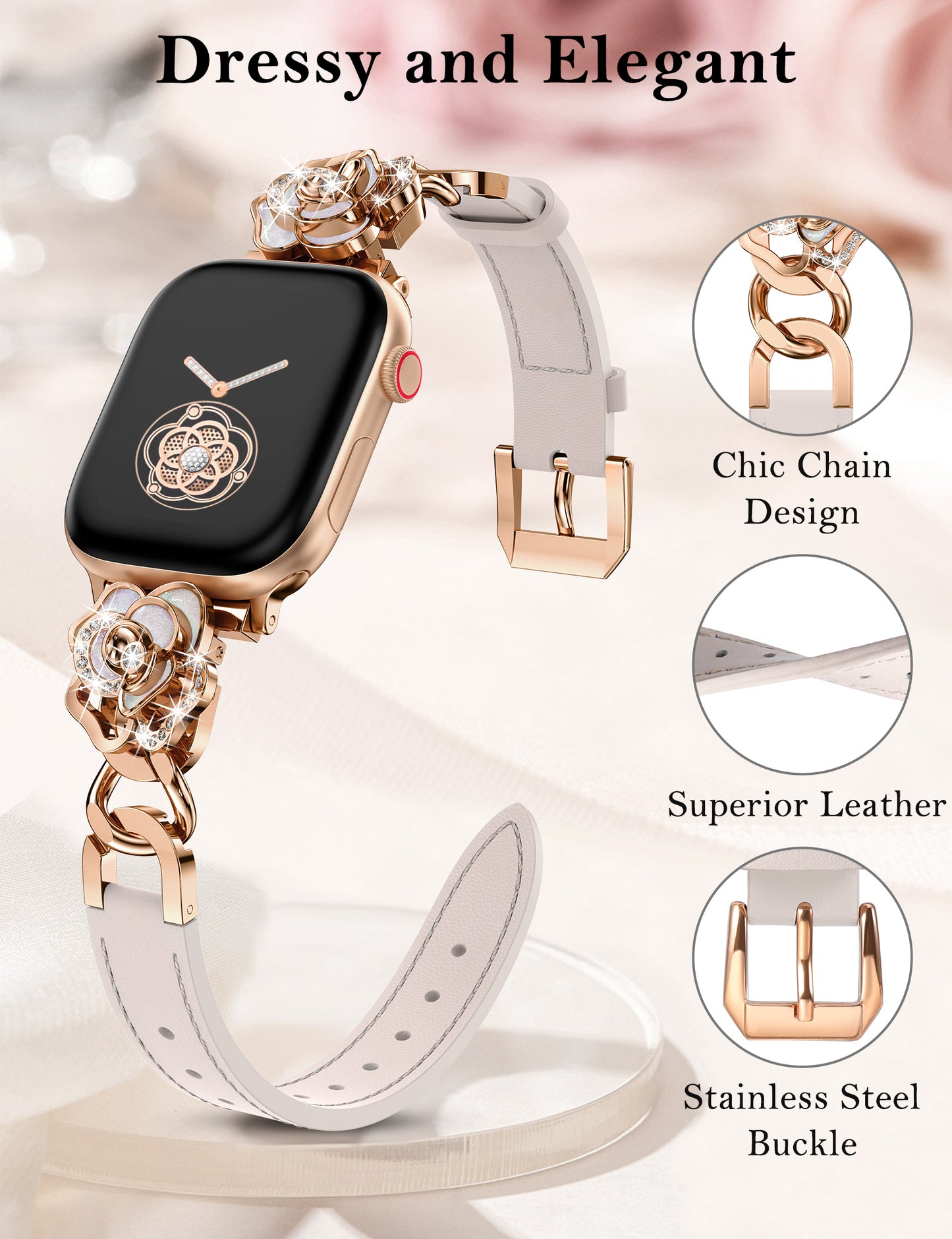 Minyee Compatible with Apple Watch Band 41/40/38/44/45/46/49/42mm Women, Dressy Slim Elegant Leather Metal Link Chain Strap with Bling Camellia Charms for iWatch Ultra 2 Series 10/9/8/7/6/5/4/3/2/1/SE