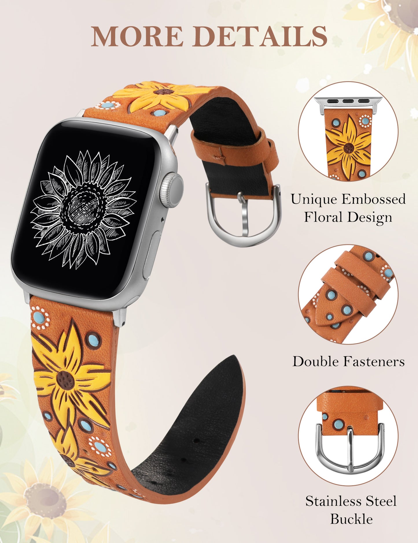 Minyee Leather Band Compatible with Apple Watch Band 41/40/38/44/45/46/49/42mm Women, Boho Western Embossed Sunflower Floral Designer Leather Strap for iWatch Series 10 9 8 7 6 5 4 3 2 1 SE Ultra 2