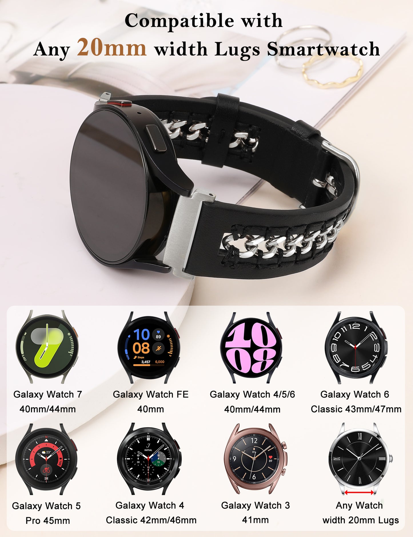 Minyee Leather Band Compatible with Samsung Galaxy Watch 7/6/5/4/FE/Active 2 40mm 44mm/Watch 6 Classic 43/47mm/Watch 5 Pro 45mm Bands, 20mm Dressy Leather Strap with Stainless Steel Metal Chain Women