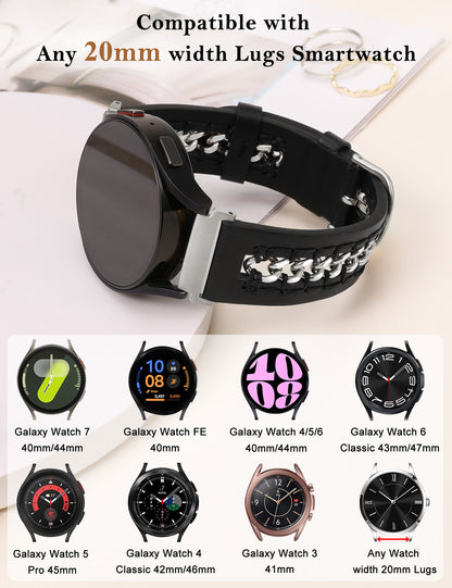 Minyee Leather Band Compatible with Samsung Galaxy Watch 7/6/5/4/FE/Active 2 40mm 44mm/Watch 6 Classic 43/47mm/Watch 5 Pro 45mm Bands, 20mm Dressy Leather Strap with Stainless Steel Metal Chain Women