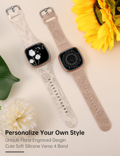 Minyee 2 Packs Floral Engraved Band Compatible with Fitbit Versa 4/Versa 3/Sense 2/Sense Band Women, Cute Silicone Dandelion Sunflower Design Soft Sport Fancy Summer Strap for Versa 4