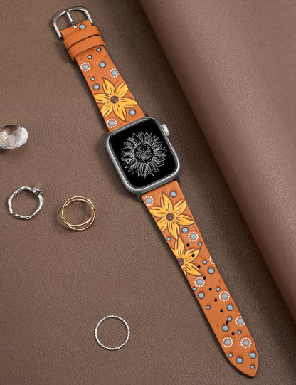 Minyee Leather Band Compatible with Apple Watch Band 41/40/38/44/45/46/49/42mm Women, Boho Western Embossed Sunflower Floral Designer Leather Strap for iWatch Series 10 9 8 7 6 5 4 3 2 1 SE Ultra 2