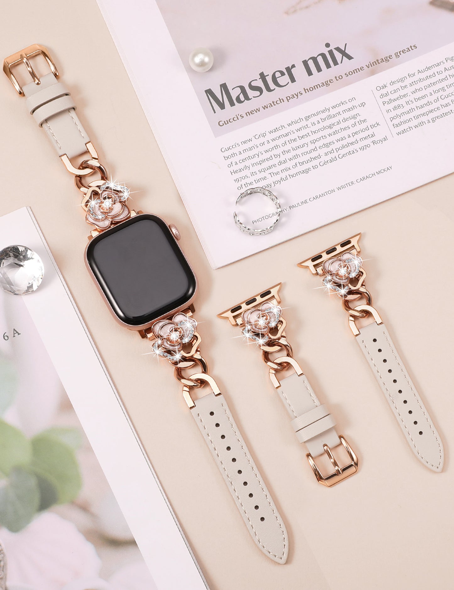 Minyee Compatible with Apple Watch Band 41/40/38/44/45/46/49/42mm Women, Dressy Slim Elegant Leather Metal Link Chain Strap with Bling Camellia Charms for iWatch Ultra 2 Series 10/9/8/7/6/5/4/3/2/1/SE