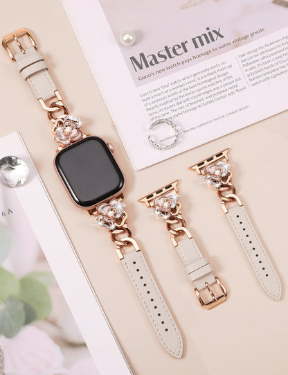 Minyee Compatible with Apple Watch Band 41/40/38/44/45/46/49/42mm Women, Dressy Slim Elegant Leather Metal Link Chain Strap with Bling Camellia Charms for iWatch Ultra 2 Series 10/9/8/7/6/5/4/3/2/1/SE