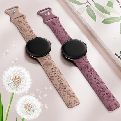 Minyee 2 Packs Floral Engraved Bands Compatible with Google Pixel Watch 3/4, Cute Soft Silicone Flower Sport Fancy Straps for Women
