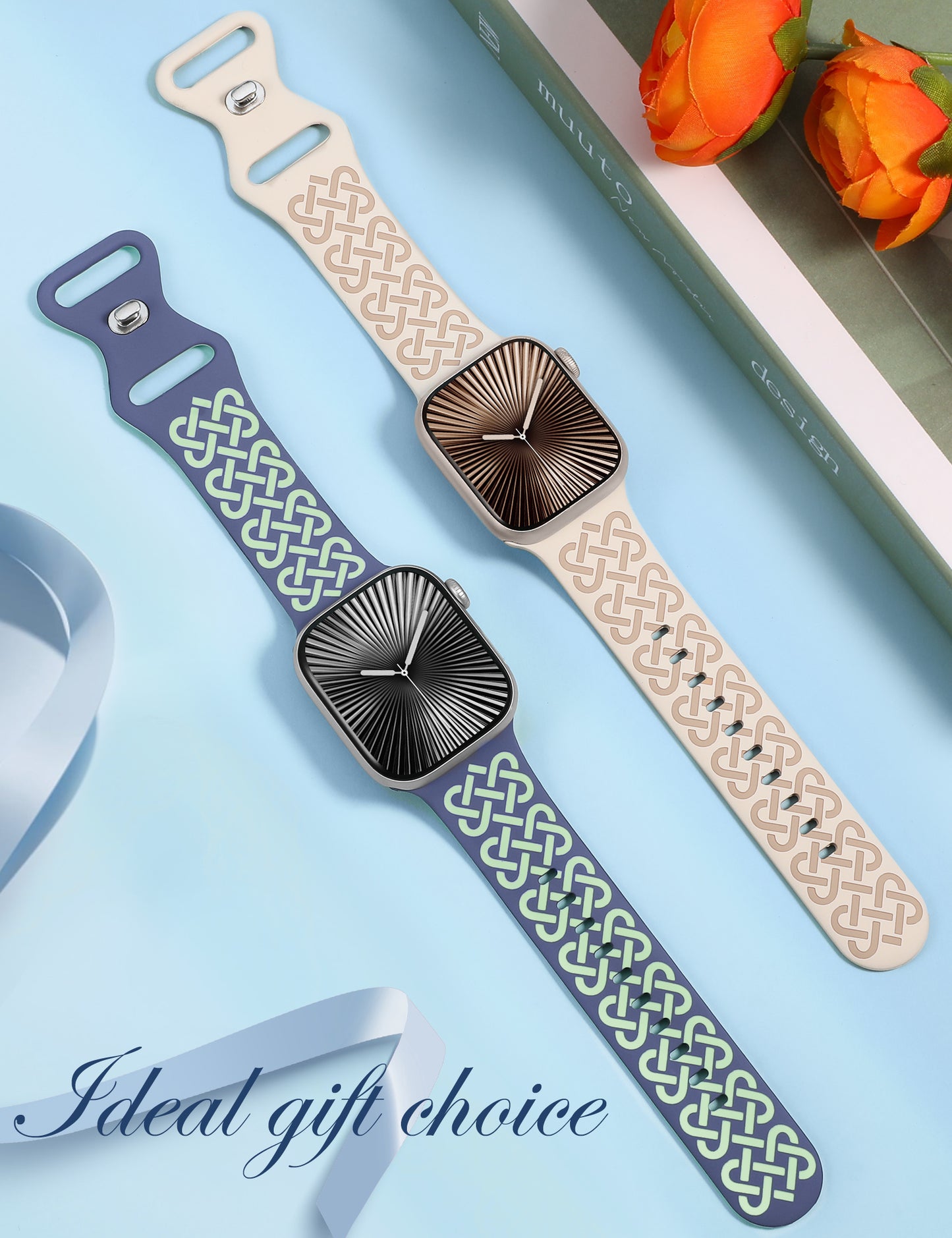 Minyee 2 Pack Engraved Bands Compatible with Apple Watch Band 38/40/41/42/44/45/46/49mm, Soft Silicone Cute Two-Tone Celtic Knot Pattern Sport Strap for iWatch Series 11 10 9 8 7 6 5 4 SE/Ultra 3 2 1