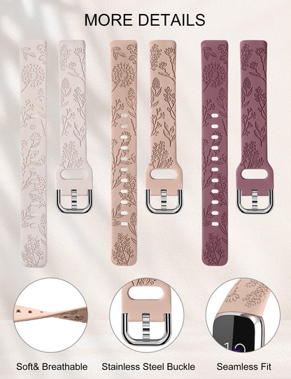Minyee 3 Packs Compatible with Fitbit Luxe Bands for Women Soft Silicone Floral Engraved Sport Strap Dandelion Wristband Replacement for Fitbit Luxe Watch Bands/Luxe Special Edition Fitness Tracker