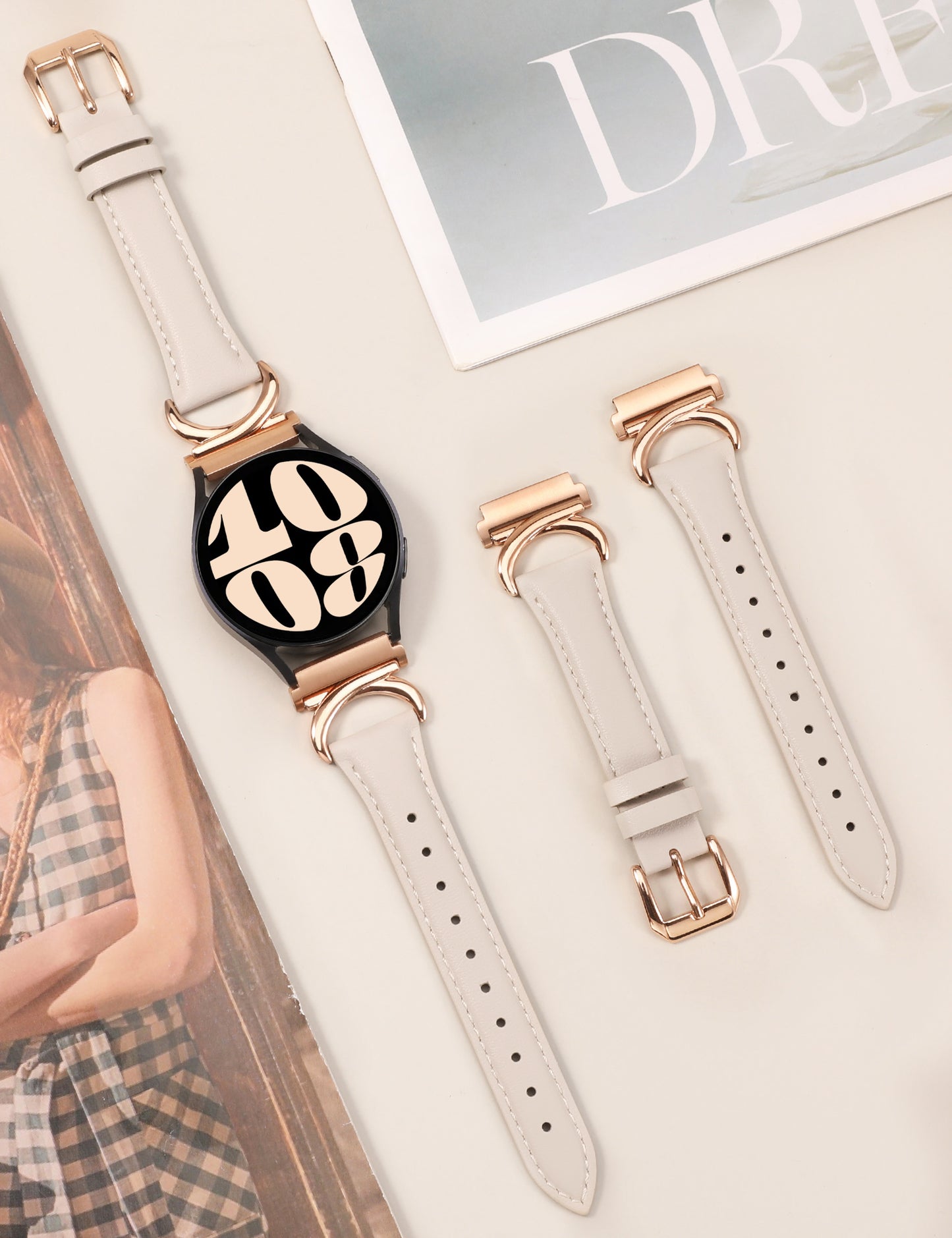 Minyee Leather Band Compatible with Samsung Galaxy Watch 7/6/5/4/FE/Active 2 40mm 44mm/Watch 6 Classic 43mm 47mm/Watch 5 Pro 45mm Bands, 20mm Slim Dressy Leather Strap with C-Shape Metal Buckle Women