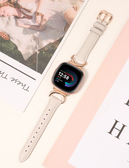 Minyee Leather Bands Compatible with Fitbit Versa 4/Versa 3/Fitbit Sense 2/Sense Band Women, Slim Thin Dressy Designer Premium Leather Strap with C-Shape Metal Buckle for Versa 3 4 Sense 2 Smartwatch