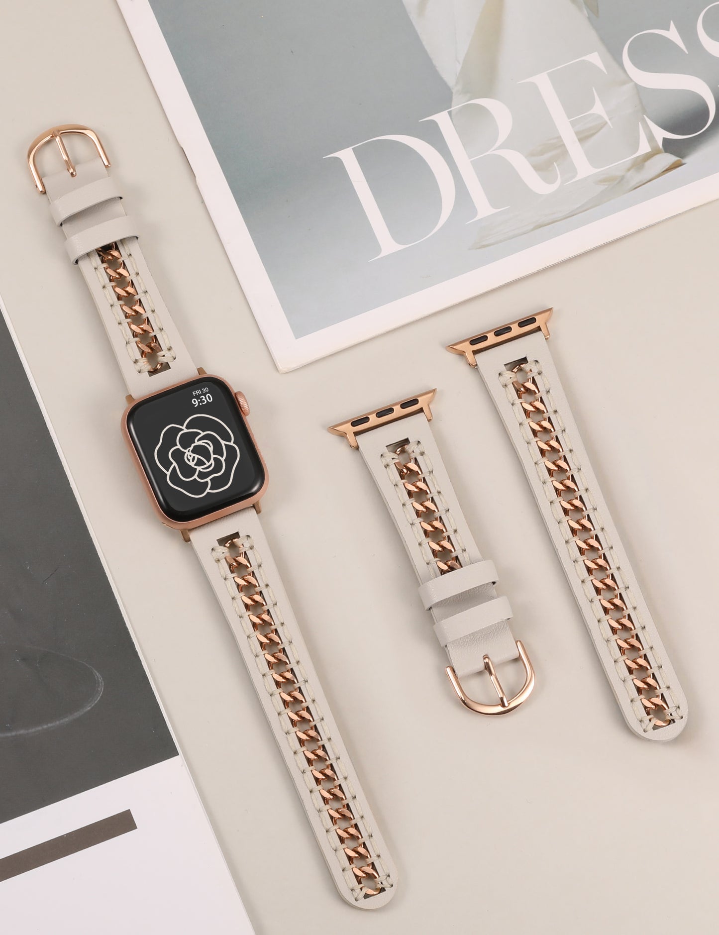 Minyee Leather Band Compatible with Apple Watch Bands 38/40/41/42/44/45/46/49mm Women,Dressy Premium Leather Strap with Stainless Steel Metal Chain for iWatch Ultra 2 Series 10/9/8/7/6/5/4/3/2/1/SE