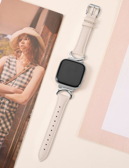 Minyee Leather Band Compatible with Fitbit Versa 2/Fitbit Versa/Versa Lite Bands Women, Slim Thin Dressy Designer Premium Leather Strap with C-Shape Metal Buckle for Versa 2 Smartwatch Accessories