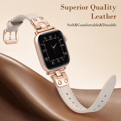 Minyee Slim Leather Band Compatible with Apple Watch Bands 38/40/41/42/44/45/46/49mm Women, Dressy Thin Soft Leather Strap with Designer Tapered Metal Buckle for iWatch Series 10/9/SE/8/7/6/5/4/3/2/1