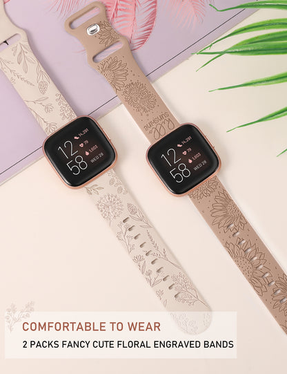 Minyee 2 Packs Floral Engraved Band Compatible with Fitbit Versa 2/Fitbit Versa/Versa Lite Bands Women, Cute Soft Silicone Sunflower Dandelion Sport Designer Fancy Summer Strap for Versa 2 Smart Watch