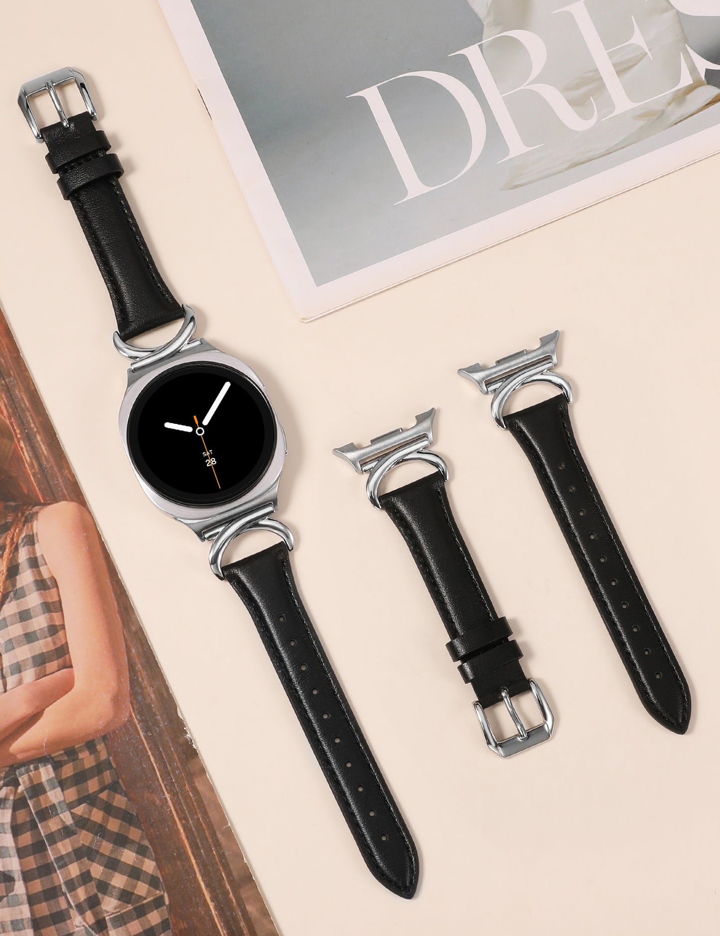 Minyee Leather Band Compatible with Samsung Galaxy Watch 8 40mm 44mm/ 8 Classic 46mm Bands, No Gap One-Click Slim Thin Dressy Leather Strap with C-Shape Metal Buckle Women, NOT for Other Models