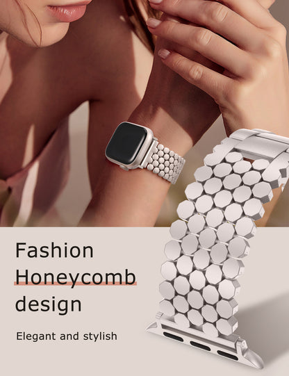 Minyee Compatible with Apple Watch Band 41/40/38/44/45/46/49/42mm Women, Dressy Honeycomb Metal Pretty Strap Designer Gold Silver Link Bracelet Wristband for iWatch Series 10 9 8 7 6 5 4 3 Ultra SE