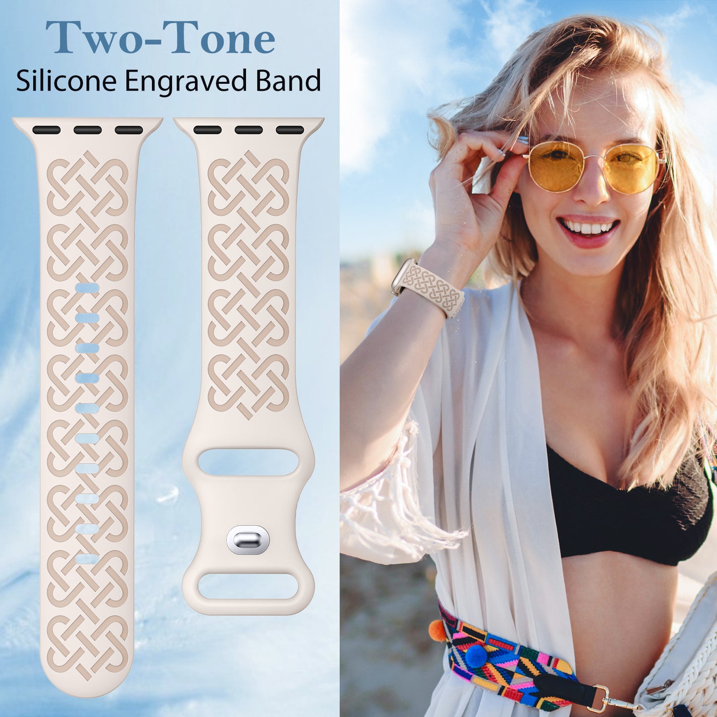 Minyee 2 Pack Engraved Bands Compatible with Apple Watch Band 38/40/41/42/44/45/46/49mm, Soft Silicone Cute Two-Tone Celtic Knot Pattern Sport Strap for iWatch Series 11 10 9 8 7 6 5 4 SE/Ultra 3 2 1