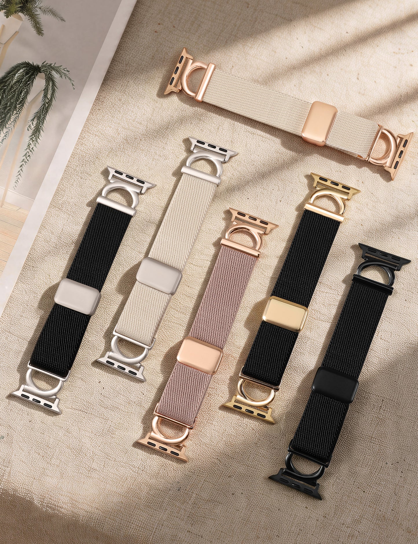 Minyee Stretchy Magnetic Band Compatible with Apple Watch Bands 38/40/41/42/44/45/46/49mm Women, Elastic Nylon Dressy Designer C-Shape Metal Strap for iWatch Series 11 10 9 8 7 6 5 4 SE/Ultra 3 2 1