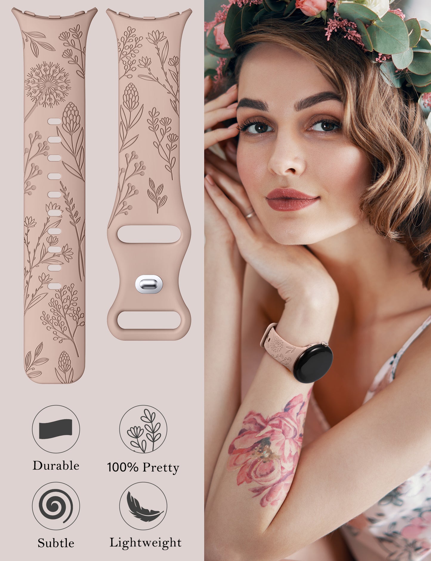 Minyee 2 Packs Floral Engraved Bands Compatible with Google Pixel Watch 3/4, Cute Soft Silicone Flower Sport Fancy Straps for Women
