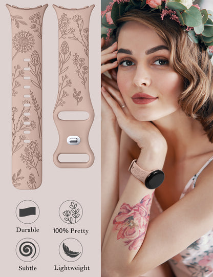 Minyee 2 Packs Floral Engraved Bands Compatible with Google Pixel Watch 3/4, Cute Soft Silicone Flower Sport Fancy Straps for Women