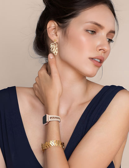 Minyee Leather Band Compatible with Apple Watch Bands 38/40/41/42/44/45/46/49mm Women,Dressy Premium Leather Strap with Stainless Steel Metal Chain for iWatch Ultra 2 Series 10/9/8/7/6/5/4/3/2/1/SE