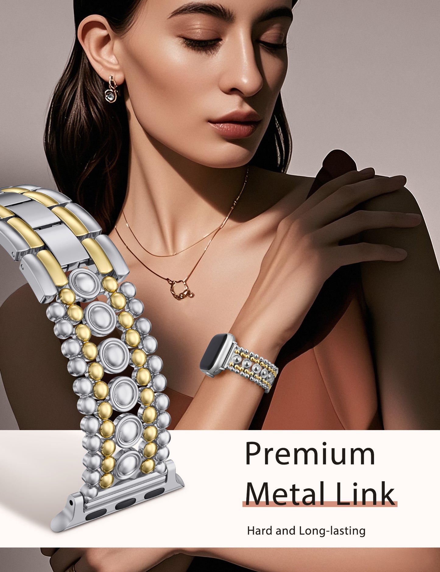 Minyee Compatible with Apple Watch Band 42/41/40/38/44/45/46/49mm Women, Dressy Pretty Stainless Steel Metal Strap Design Adjustable Studded Link Bracelet for iWatch Series 10 9 Ultra SE 8 7 6 5 4 3