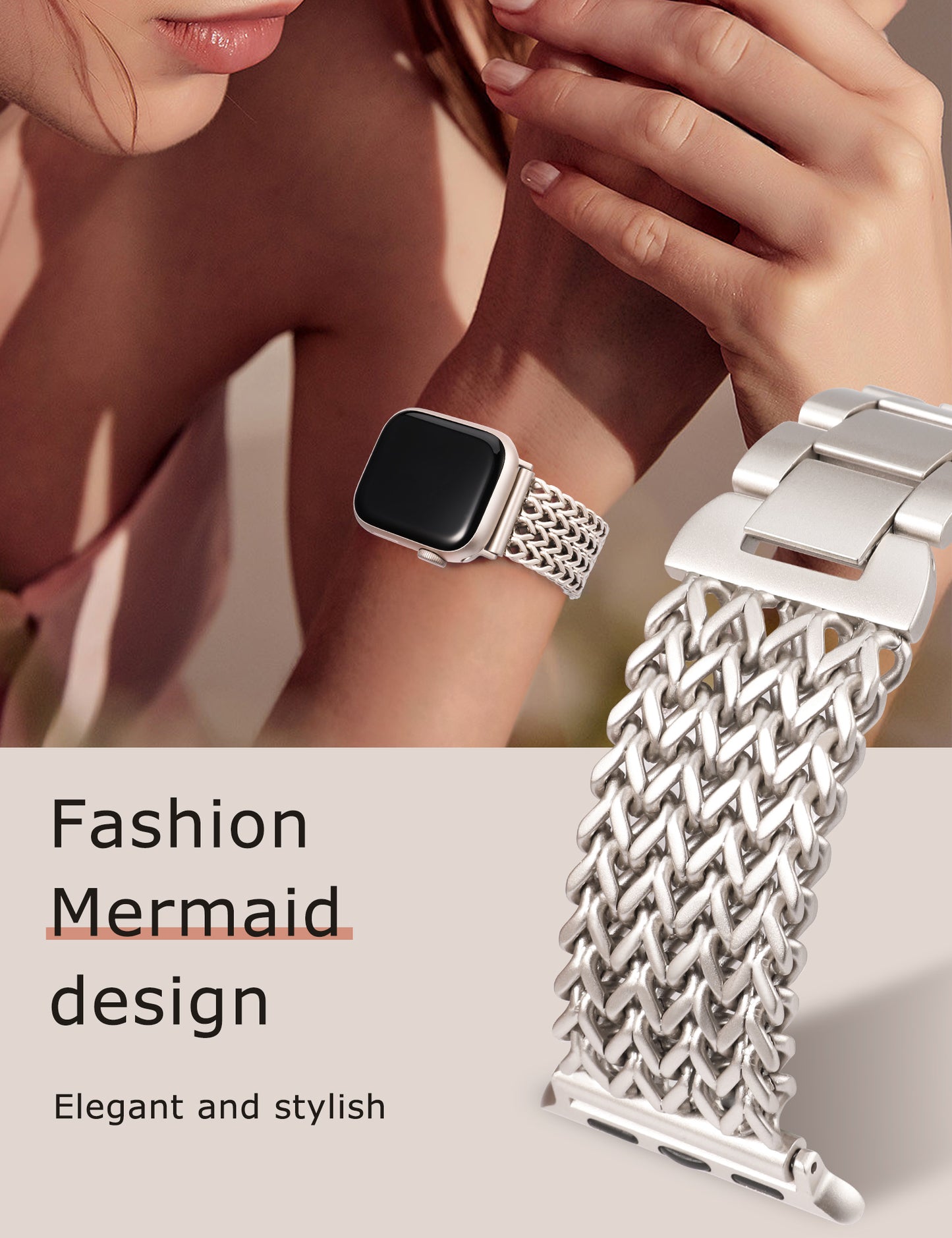 Minyee Compatible with Apple Watch Band 41/40/38/44/45/46/49/42mm Women, Dressy Stainless Steel Metal Chain Strap Mermaid Designer Link Bracelet Wristband for iWatch Series 10 9 8 7 6 5 4 3 Ultra SE