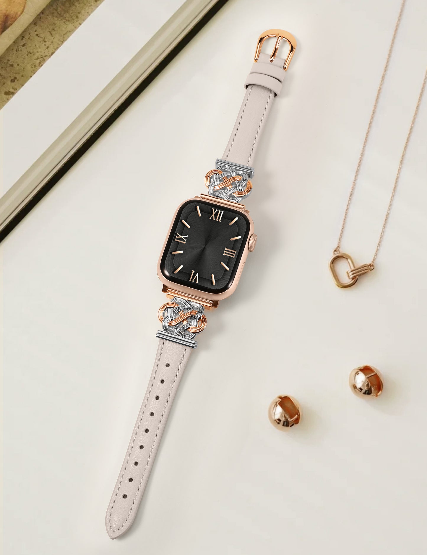 Minyee Celtic Knot Leather Band Compatible with Apple Watch Band 42/46/41/40/38/44/45/49mm Women, Dressy Slim Thin Premium Leather Adjustable Strap for iWatch Series 10 9 Ultra SE 8 7 6 5 4 3 2 1