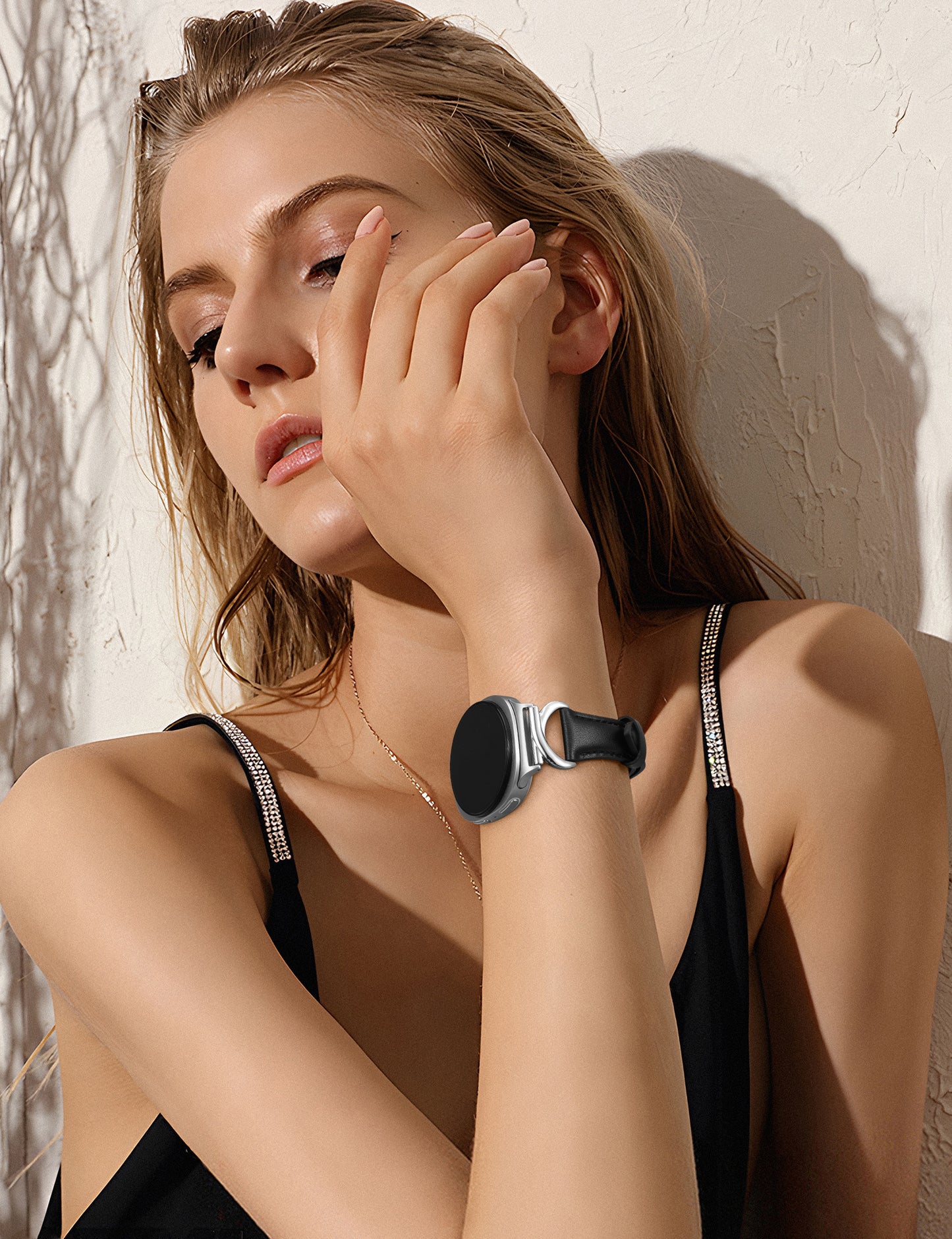 Minyee Leather Band Compatible with Samsung Galaxy Watch 8 40mm 44mm/ 8 Classic 46mm Bands, No Gap One-Click Slim Thin Dressy Leather Strap with C-Shape Metal Buckle Women, NOT for Other Models