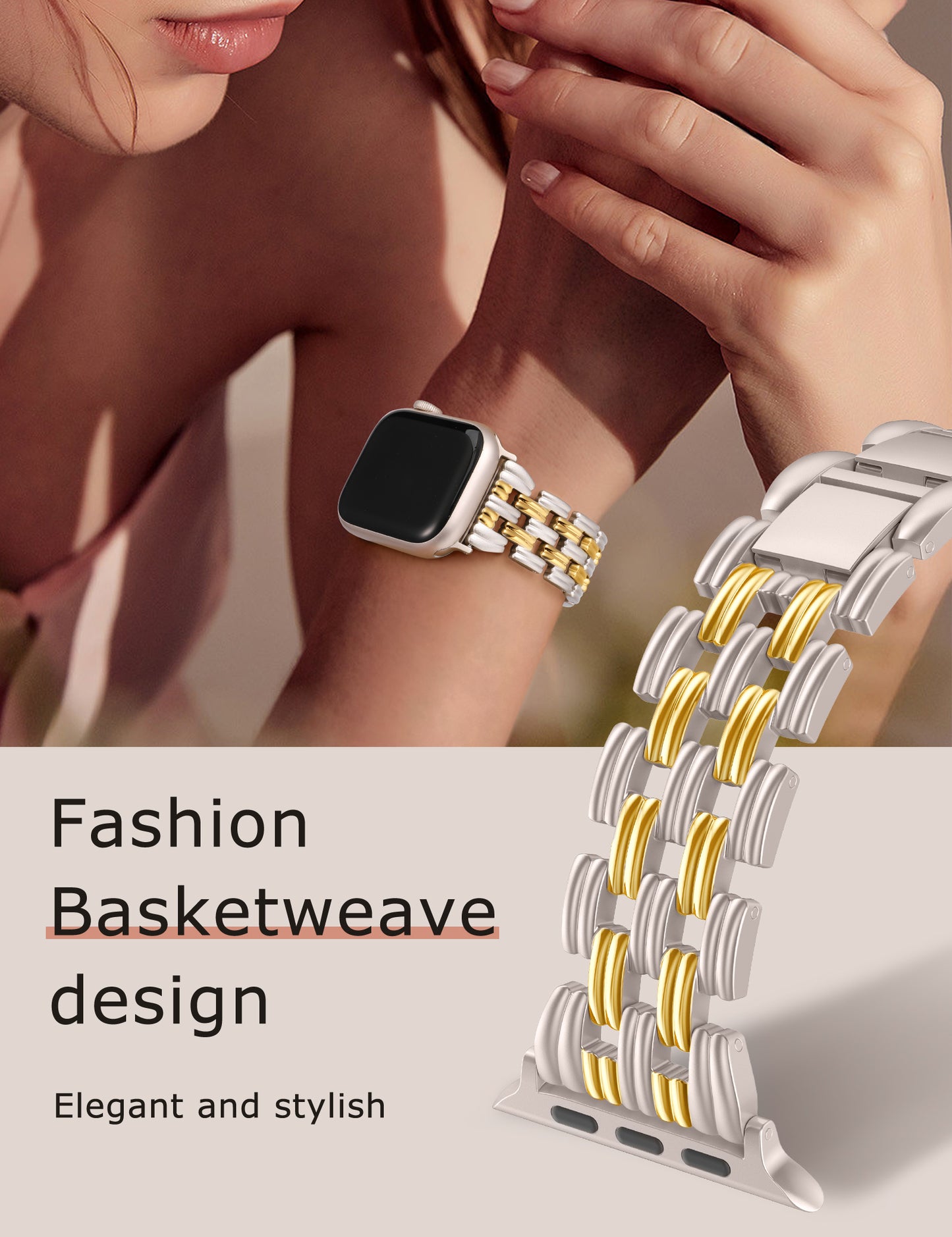 Minyee Compatible with Apple Watch Band 42/41/40/38/44/45/46/49mm Women, Dressy Basketweave Metal Strap Designer Gold Silver Link Bracelet Wristband for iWatch Series 10 9 8 7 6 5 4 3 Ultra SE