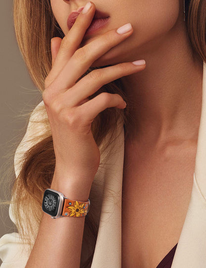 Minyee Leather Band Compatible with Apple Watch Band 41/40/38/44/45/46/49/42mm Women, Boho Western Embossed Sunflower Floral Designer Leather Strap for iWatch Series 10 9 8 7 6 5 4 3 2 1 SE Ultra 2