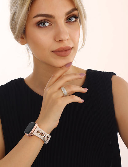 Minyee Leather Band Compatible with Apple Watch Bands 38/40/41/42/44/45/46/49mm Women,Dressy Premium Leather Strap with Stainless Steel Metal Chain for iWatch Ultra 2 Series 10/9/8/7/6/5/4/3/2/1/SE