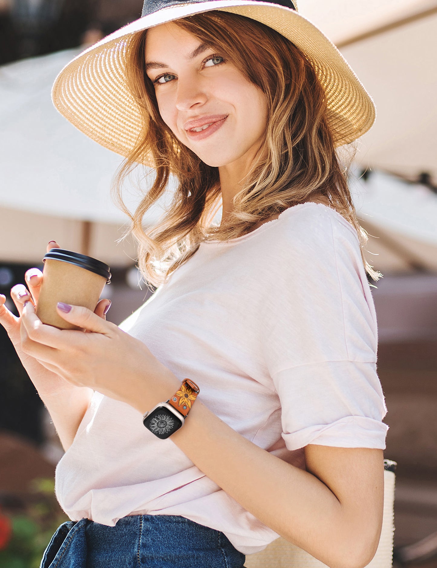 Minyee Leather Band Compatible with Apple Watch Band 41/40/38/44/45/46/49/42mm Women, Boho Western Embossed Sunflower Floral Designer Leather Strap for iWatch Series 10 9 8 7 6 5 4 3 2 1 SE Ultra 2