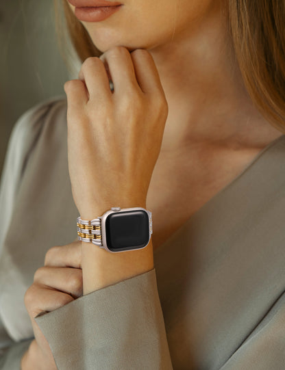 Minyee Compatible with Apple Watch Band 42/41/40/38/44/45/46/49mm Women, Dressy Basketweave Metal Strap Designer Gold Silver Link Bracelet Wristband for iWatch Series 10 9 8 7 6 5 4 3 Ultra SE