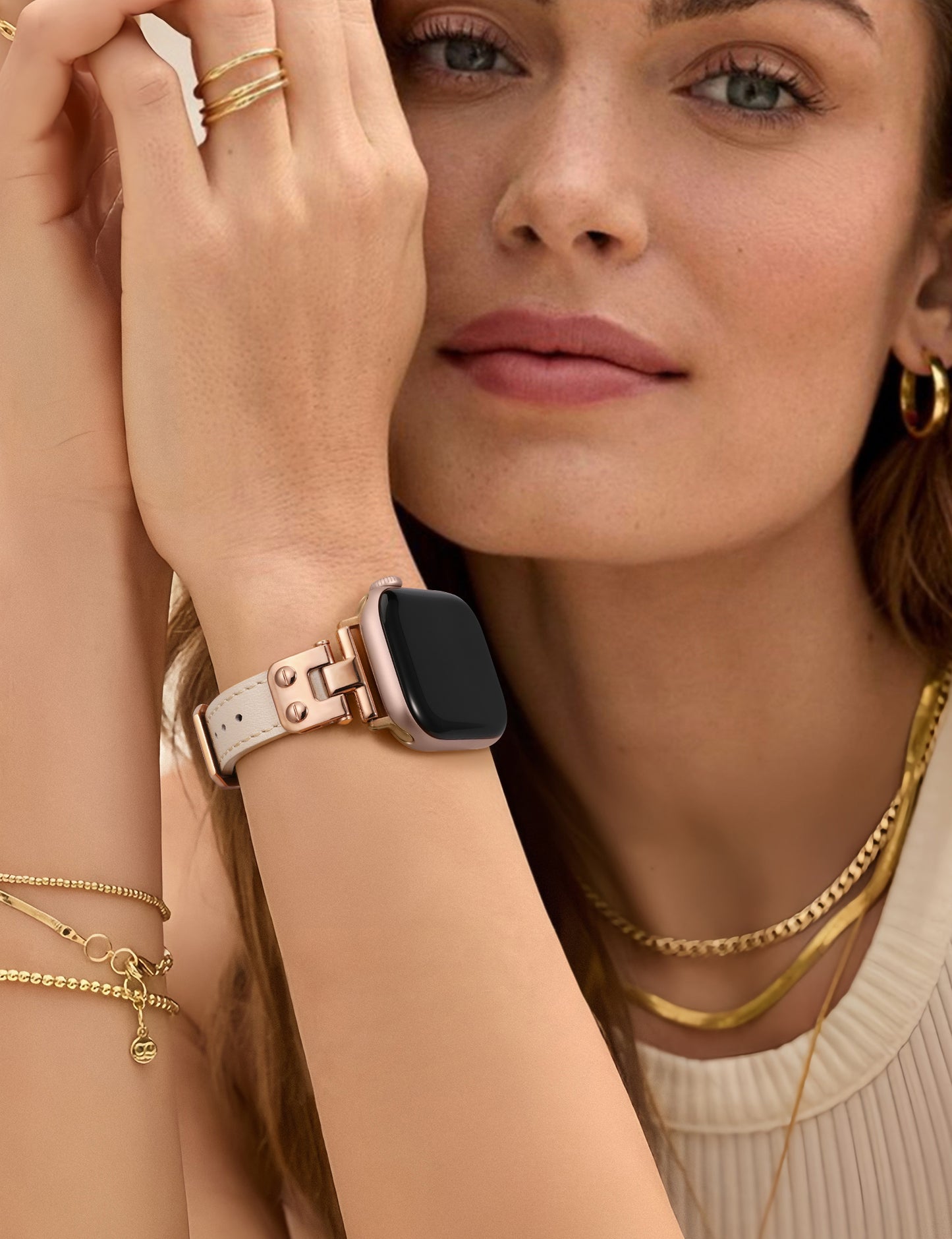 Minyee Slim Leather Band Compatible with Apple Watch Bands 38/40/41/42/44/45/46/49mm Women, Dressy Thin Soft Leather Strap with Designer Tapered Metal Buckle for iWatch Series 10/9/SE/8/7/6/5/4/3/2/1